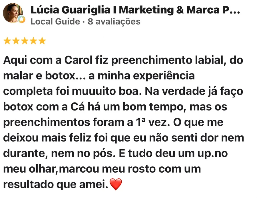 Avaliação de Lúcia Guariglia no Google: cinco estrelas, preenchimento e botox