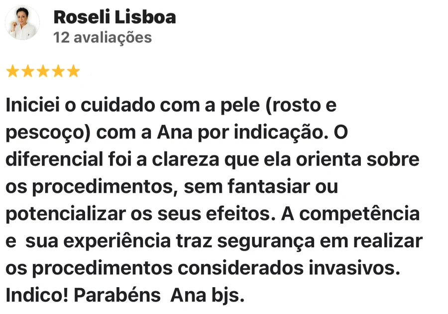 Avaliação de Roseli Lisboa no Google: cinco estrelas, cuidado com a pele